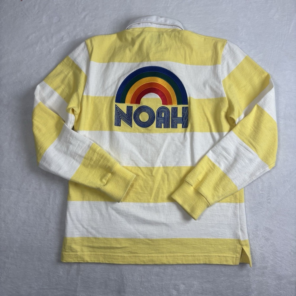 Noah‎ Yellow White Striped Rugby Long Sleeve Rainbow Patch Shirt Men's Small